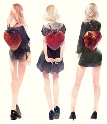 Rule 34 | 1girl, 3girls, arms behind back, ass, backpack, bag, bare arms, bare legs, bare shoulders, black dress, black footwear, blonde hair, braid, brown shorts, commentary request, contrapposto, crossed legs, dress, facing away, fashion, food, from behind, fruit, full body, gradient hair, hair over shoulder, hand on own arm, heart, heart backpack, high heels, highres, legs apart, long hair, long sleeves, multicolored hair, multiple girls, no socks, object backpack, off-shoulder shirt, off shoulder, original, own hands together, pink hair, platinum blonde hair, puffy long sleeves, puffy sleeves, shirt, shoe soles, shoes, short dress, short hair, short sleeves, shorts, simple background, single braid, sleeve cuffs, socks, sousou (sousouworks), standing, strawberry, tied sleeves, v arms, watson cross, white legwear, yellow background, zipper