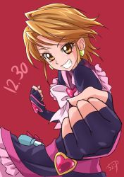Rule 34 | 00s, 1girl, black gloves, black skirt, bow, brooch, brown eyes, brown hair, chocokin, clenched hand, cure black, dated, earrings, fighting stance, fingerless gloves, frills, futari wa precure, gloves, grin, heart, heart brooch, heart earrings, jewelry, looking at viewer, magical girl, misumi nagisa, precure, red background, short hair, signature, skirt, smile, solo, teeth, white bow