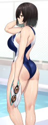 Rule 34 | 1girl, 23 (real xxiii), backlighting, black hair, blue one-piece swimsuit, breasts, competition swimsuit, from behind, from side, full body, goggles, half-closed eyes, holding, holding removed eyewear, kneepits, large breasts, one-piece swimsuit, original, pool, school swimsuit, short hair, skin tight, solo, standing, swimsuit, thighs, unworn eyewear, unworn goggles