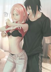 Rule 34 | !?, 1boy, 1girl, absurdres, amputee, bare shoulders, black bra, black hair, black panties, black shirt, blurry, blurry background, bob cut, boruto: naruto next generations, bra, bracelet, breasts, cleavage, couple, curtains, day, facial mark, forehead mark, green eyes, haruno sakura, hetero, highres, imminent hug, indoors, jewelry, lifted by self, looking at another, looking away, naruto (series), navel, niku (ni23ku), open fly, outstretched arm, panties, pants, parted lips, pink hair, red shirt, shirt, short hair, short sleeves, sleeveless, sleeveless shirt, standing, strap slip, t-shirt, track pants, twitter username, uchiha sasuke, underwear, undressing, white pants