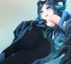 Rule 34 | 1girl, aqua hair, ass, bare shoulders, blue eyes, blue hair, bodysuit, bonanus (genshin impact), cameltoe, from below, genshin impact, highres, horns, long hair, looking at viewer, looking down, luizhtx, lying, multicolored hair, on side, open mouth, shiny clothes, shiny skin, solo, very long hair