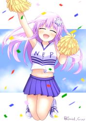 Rule 34 | absurdres, armpits, bare shoulders, breasts, cheerleader, cloud, confettie, crop top, gekijigen tag: blanc + neptune vs zombie gundan, hair ornament, hairclip, happy, highres, kness, long hair, nepgear, neptune (series), open mouth, pompoms, purple hair, shoes, skirt, sky, small breasts, swirl gear, thighs, trainers