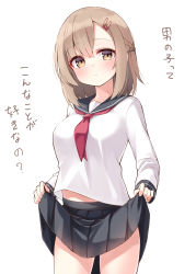 Rule 34 | 1girl, black sailor collar, black skirt, blush, braid, breasts, brown eyes, brown hair, closed mouth, clothes lift, commentary request, hair between eyes, hair ornament, hairclip, highres, lifted by self, long sleeves, looking at viewer, medium breasts, neckerchief, ominaeshi (takenoko), original, pleated skirt, red neckerchief, sailor collar, school uniform, serafuku, shirt, simple background, skirt, skirt lift, solo, translation request, white background, white shirt