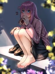 Rule 34 | 1girl, bare legs, barefoot, black skirt, blue eyes, blush, bocchi the rock!, can, drinking, feet, full body, gotoh hitori, hand on own knee, highres, jacket, loafers, long hair, long sleeves, looking at viewer, nikishiko, pink hair, pleated skirt, shoes, unworn shoes, skirt, toenails, toes, track jacket