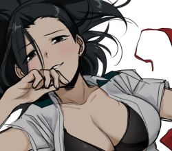 Rule 34 | 1girl, artist request, black bra, black eyes, black hair, boku no hero academia, bra, breasts, cleavage, collarbone, dress shirt, facing viewer, from above, hand on own chin, hand up, happy, jacket, large breasts, long hair, looking at viewer, matching hair/eyes, naughty face, necktie, unworn necktie, non-web source, open clothes, open jacket, open shirt, parted lips, raised eyebrow, school uniform, seductive smile, shirt, short sleeves, simple background, smile, smug, solo, stroking own chin, tagme, teeth, underwear, upper body, white background, yaoyorozu momo