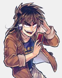 Rule 34 | 1boy, belt, black belt, black shirt, bomber jacket, brown hair, brown jacket, card, commentary request, constricted pupils, cowboy shot, facial scar, grey background, grey pants, holding, holding card, itou kaiji, jacket, kaiji, katatsumuri (kataaaaaaaaa), long hair, long sleeves, looking at viewer, male focus, medium bangs, open clothes, open jacket, open mouth, pants, playing card, pointy nose, sanpaku, scar, scar on cheek, scar on face, shirt, simple background, smile, solo, teeth, upper teeth only
