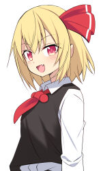 Rule 34 | 1girl, :d, ascot, blonde hair, e.o., fang, hair ribbon, looking at viewer, open mouth, red ascot, red eyes, red ribbon, ribbon, rumia, short hair, simple background, skin fang, smile, solo, touhou, white background