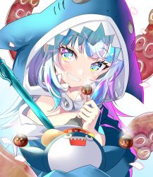 Rule 34 | 1girl, animal hood, bloop (gawr gura), blue background, blue eyes, blue hair, blue hoodie, blush, collarbone, commentary request, food, gawr gura, gawr gura (1st costume), gradient background, grin, head tilt, highres, holding, holding food, hololive, hololive english, hood, hood up, hoodie, light particles, long hair, long sleeves, looking at viewer, multicolored eyes, multicolored hair, pink eyes, pink hair, sharp teeth, sho (runatic moon), sidelocks, smile, solo, staff, steam, streaked hair, suction cups, takoyaki, teeth, tentacles, upper body, virtual youtuber, white background, yellow eyes