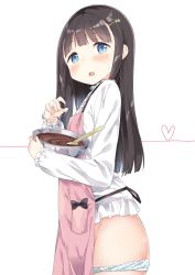 Rule 34 | 1girl, apron, ass, bad id, bad pixiv id, black hair, blue eyes, blush, bow, bowl, chocolate, convenient censoring, cowboy shot, cum, cum on fingers, female focus, flat chest, groin, gyuunyuu nomio, hair ornament, hairclip, heart, highres, holding, long hair, long sleeves, mixing bowl, no pants, open mouth, original, panties, panty pull, polka dot, polka dot panties, pussy juice, pussy juice trail, shirt, sleeves past wrists, solo, spatula, sweat, underwear, valentine, white background, white panties