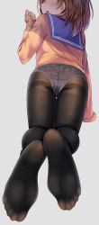 Rule 34 | 1girl, :o, absurdres, ashida machi, black pantyhose, blue sailor collar, blush, brown hair, cardigan, feet, fine fabric emphasis, grey background, gurande (g-size), gusset, head out of frame, highres, lace, lace panties, long hair, long sleeves, no pants, no shoes, open mouth, original, panties, panties under pantyhose, pantyhose, sailor collar, simple background, sleeves past wrists, soles, solo, thigh gap, thighband pantyhose, underwear, unmoving pattern