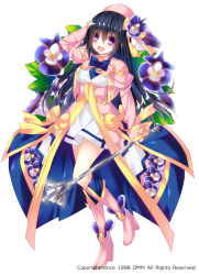 Rule 34 | 1girl, :d, black hair, blue bow, blue bowtie, boots, bow, bowtie, dress, flower, flower knight girl, full body, hat, hat flower, holding, holding wand, jacket, knee boots, long hair, looking at viewer, name connection, object namesake, official art, ooji cha, open mouth, pink footwear, pink hat, pink jacket, purple eyes, smile, solo, standing, standing on one leg, torenia (flower knight girl), wand, white background, white dress, yellow bow