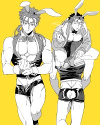 Rule 34 | animal ears, briefs, bulge, character sheet, cropped vest, cu chulainn (fate), cu chulainn (fate/stay night), detached collar, earrings, fake animal ears, fate/stay night, fate (series), jacket, jewelry, male focus, male underwear, midriff, monochrome, multiple persona, muscular, playboy bunny, ponytail, rabbit ears, rabbit tail, tail, tatsuta age, underwear, vest, wrist cuffs, yellow theme