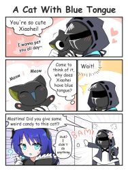 Rule 34 | 1boy, 1girl, 1other, ?, ambiguous gender, angry, arknights, black cat, blue tongue, blush, cat, colored tongue, confused, doctor (arknights), english text, gloves, heart, highres, hood, luo xiaohei, luo xiaohei zhanji, mostima (arknights), petting, right-to-left comic, rinzy, speech bubble, surprised, sweatdrop, white gloves
