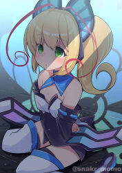 1girl azure_striker_gunvolt azure_striker_gunvolt_2 bare_shoulders blonde_hair blush butterfly_hair_ornament butterfly_wings dress energy_wings flat_chest green_eyes hair_ornament high_ponytail highres insect_wings long_hair lumen_(gunvolt) oversized_clothes sano_akira solo thighhighs twitter_username white_dress white_thighhighs wings