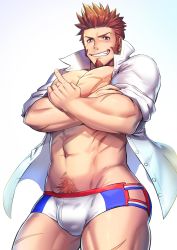 Rule 34 | 1boy, abs, bara, beard, blouse, blue eyes, blue male swimwear, brown hair, bulge, commentary request, cowboy shot, epaulettes, facial hair, fate/grand order, fate (series), highres, large pectorals, long sideburns, male focus, male swimwear, muscular, napoleon bonaparte (fate), no pants, open clothes, open shirt, pectoral cleavage, pectorals, print male swimwear, scar, scar on stomach, shirt, sideburns, simple background, smile, solo, spiked hair, swim briefs, teeth, thighs, toned, waku (ayamix), white background, white male swimwear, white shirt