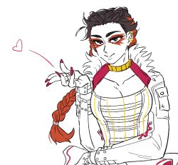Rule 34 | 1girl, animification, apex legends, bad id, bad pixiv id, black hair, blowing kiss, braid, breasts, brown eyes, bug (silkworm hnw), cleavage, collarbone, ear piercing, eyeshadow, floating hair, gold choker, hair behind ear, jacket, loba (apex legends), makeup, piercing, red eyeshadow, red hair, red nails, shirt, sketch, skirt, smile, solo, strapless, strapless shirt, upper body, white background, white jacket, white shirt, white skirt
