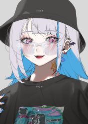 Rule 34 | 1girl, blue nails, bucket hat, dasui191023, ear piercing, hat, highres, iridescent, lize helesta, looking at viewer, multicolored hair, nail polish, nijisanji, piercing, pink eyes, solo, two-tone hair, virtual youtuber