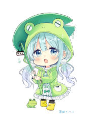Rule 34 | 1girl, :o, absurdres, animal, animal hood, black pantyhose, blue eyes, blue hair, blush, boots, bow, chibi, commentary request, drawstring, dress, frilled dress, frills, frog, frog hood, frog raincoat, full body, green bow, green jacket, hair between eyes, highres, holding, hood, hood up, hooded jacket, jacket, leaf umbrella, long hair, looking at viewer, low twintails, open clothes, open jacket, open mouth, original, pantyhose, personification, rubber boots, sakura oriko, simple background, solo, standing, translation request, twintails, very long hair, water drop, wet, white background, white dress, yellow footwear