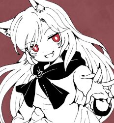 Rule 34 | 1girl, animal ears, brooch, brown background, brown eyes, brown theme, dress, fang, fingernails, imaizumi kagerou, jewelry, long fingernails, long hair, looking at viewer, lowres, monochrome, open mouth, rbfnrbf (mandarin), simple background, smile, solo, touhou, upper body, wolf ears