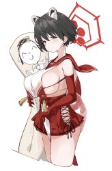 Rule 34 | 1girl, animal ears, black hair, blue archive, body pillow, breasts, crop top, crop top overhang, elbow gloves, gloves, halo, large breasts, looking at viewer, ocha (popopogg), pillow, raccoon ears, red gloves, red sailor collar, red skirt, sailor collar, short hair, sideboob, sideless outfit, skindentation, skirt, solo, tabard, tareme, tsubaki (blue archive)