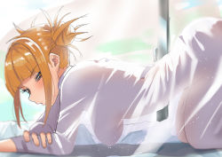 Rule 34 | 1girl, absurdres, all fours, backlighting, bed sheet, blonde hair, blouse, blunt bangs, boku no hero academia, breasts, double bun, from behind, hair bun, hanging breasts, highres, indoors, long sleeves, looking at viewer, looking to the side, medium breasts, naked shirt, no bra, no panties, on bed, parted lips, see-through, see-through silhouette, shirt, short hair, sidelocks, solo, toga himiko, top-down bottom-up, white shirt, yellow eyes, zd (pixiv6210083)