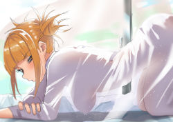 Rule 34 | 1girl, absurdres, all fours, backlighting, bed sheet, blonde hair, blouse, blunt bangs, boku no hero academia, breasts, double bun, from behind, hair bun, hanging breasts, highres, indoors, long sleeves, looking at viewer, looking to the side, medium breasts, naked shirt, no bra, no panties, on bed, parted lips, see-through clothes, see-through silhouette, shirt, short hair, sidelocks, solo, toga himiko, top-down bottom-up, white shirt, yellow eyes, zd (pixiv6210083)