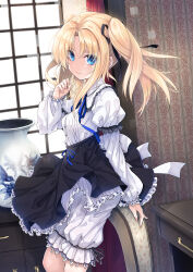 Rule 34 | 1girl, black bow, black skirt, blonde hair, bloomers, blue eyes, blush, bow, breasts, frilled shirt, frilled skirt, frills, highres, indoors, long hair, long sleeves, looking at viewer, medium breasts, miyama-zero, original, shirt, skirt, smile, solo, twintails, underwear, white bloomers, white shirt