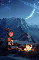 Rule 34 | 1girl, ahoge, boots, brown eyes, brown hair, campfire, capelet, corset, crescent moon, feather hair ornament, feathers, hair ornament, highres, hololive, hololive english, indian style, long hair, looking at viewer, moon, mountain, nanashi mumei, night, ponytail, sitting, skirt, sky, smile, solo, star (sky), starry sky, virtual youtuber, waneyeye