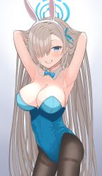 Rule 34 | 1girl, animal ears, aqua bow, aqua bowtie, aqua leotard, aqua ribbon, armpits, arms behind head, asuna (blue archive), asuna (bunny) (blue archive), bare shoulders, blue archive, blue eyes, bow, bowtie, breasts, cleavage, clenched teeth, collarbone, commentary, covered navel, cowboy shot, detached collar, eyelashes, fake animal ears, forehead, gradient background, hair over one eye, hair ribbon, halo, highleg, highleg leotard, highres, large breasts, legs apart, leotard, long hair, looking at viewer, mikeran5648, mole, mole on breast, no bra, official alternate costume, open mouth, pantyhose, platinum blonde hair, playboy bunny, ribbon, simple background, solo, strapless, strapless leotard, teeth, traditional bowtie, very long hair