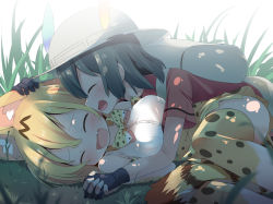 Rule 34 | 10s, 2girls, :d, ^ ^, animal ears, backpack, bag, blonde hair, blush, bow, bowtie, closed eyes, commentary request, closed eyes, fang, gloves, grass, green hair, holding hands, hand on another&#039;s head, hat, hat feather, hug, interlocked fingers, kaban (kemono friends), kemono friends, laughing, lying, makuran, multiple girls, on ground, open mouth, partial commentary, print legwear, serval (kemono friends), serval print, serval tail, short hair, smile, tail, thighhighs, |d