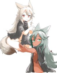 Rule 34 | 2girls, :t, akasha (syakoba), animal ears, araya (syakoba), arm support, bad id, bad twitter id, borrowed character, bottomless, breasts, bright pupils, dark skin, dark-skinned female, done (donezumi), fox ears, fox tail, green eyes, green hair, grey hair, long hair, looking at viewer, multiple girls, navel, original, outstretched arms, poncho, red eyes, simple background, small breasts, spread arms, tail, torn clothes, white background, white hair, wolf ears, wolf tail