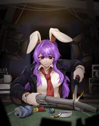 Rule 34 | 1girl, animal ears, blurry, blurry foreground, buckshot roulette, can, cigarette, commentary, cup, cutting, english commentary, gun, highres, indoors, long hair, long sleeves, mug, necktie, pump action, purple hair, rabbit ears, rabbit girl, red eyes, red necktie, reisen udongein inaba, sawed-off shotgun, shotgun, shotgun shell, solo, stage lights, statisticstater, touhou, upper body, weapon