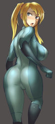 Rule 34 | 1girl, ass, bad deviantart id, bad id, blonde hair, blue eyes, bodysuit, breasts, clenched hand, covered erect nipples, grey background, highres, large breasts, long hair, long image, looking back, madkaiser, metroid, nintendo, open mouth, ponytail, samus aran, simple background, skin tight, solo, tall image, zero suit