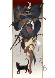 Rule 34 | 1boy, alternate costume, alternate hairstyle, arisaka, black cat, black eyes, black hair, blood, blood splatter, blue jacket, bolt action, buttons, cat, collared jacket, facial hair, facial scar, floating, floating object, full body, golden kamuy, grey kimono, gun, hair slicked back, hair strand, hat, hugging own legs, imperial japanese army, jacket, unworn jacket, japanese clothes, kepi, kimono, leather, looking at viewer, male focus, military, military hat, military uniform, ogata hyakunosuke, rifle, scar, scar on cheek, scar on face, short hair, simple background, solo, stubble, undercut, uniform, w55674570w, weapon, aged down