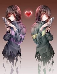 Rule 34 | androgynous, brown eyes, brown hair, chara (undertale), closed eyes, frisk (undertale), gender request, glowing, gradient background, heart, knife, parted lips, shichimi (ftlvampire32), spoilers, striped clothes, striped sweater, sweater, symmetry, turtleneck, undertale, upper body