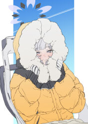 Rule 34 | 1girl, absurdres, blue archive, blush, closed mouth, fur-trimmed jacket, fur trim, grey hair, halo, highres, himari (blue archive), hood, hood up, hooded jacket, jacket, long hair, long sleeves, looking at viewer, mole, mole under eye, naga-agan, official alternate costume, powered wheelchair, purple eyes, sitting, solo, upper body, wheelchair, yellow jacket
