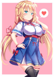 Rule 34 | 1girl, akai haato, akai haato (1st costume), aqua eyes, belt, black thighhighs, blonde hair, blouse, blue skirt, blush, bracelet, breasts, closed mouth, cowboy shot, eyelashes, framed breasts, from side, hair ornament, hair ribbon, hand on own hip, heart, heart hair ornament, high-waist skirt, highres, hololive, jewelry, large breasts, long hair, looking at viewer, low twintails, miniskirt, nail polish, neck ribbon, one side up, pink background, playing with own hair, red belt, red ribbon, ribbon, ruffling hair, shirt, short sleeves, skirt, smile, solo, spoken heart, suspender skirt, suspenders, thigh strap, thighhighs, twintails, underbust, very long hair, virtual youtuber, white shirt, yuano, zettai ryouiki