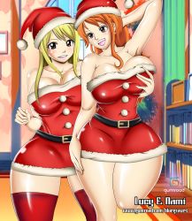 Rule 34 | 2girls, blonde hair, bluegraves, grabbing another&#039;s breast, breasts, brown eyes, censored, christmas, costume, crossover, curvy, dress, fairy tail, female focus, grabbing, hat, huge breasts, leggings, legs, lucy heartfilia, multiple girls, nami (one piece), one piece, orange hair, revealing clothes, santa costume, santa hat, shounen jump, smile, thick thighs, thighhighs, thighs, wide hips, yuri