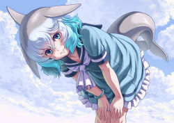Rule 34 | 1girl, bad id, bad twitter id, blue eyes, blue hair, blue sky, blush, bracelet, cetacean tail, closed mouth, cloud, collarbone, common bottlenose dolphin (kemono friends), day, fins, fish tail, grey hair, hands on own knees, highres, jewelry, kemono friends, kosai takayuki, leaning forward, looking at viewer, outdoors, short hair, short sleeves, sky, smile, solo, tail, wavy hair, white hair, white neckwear