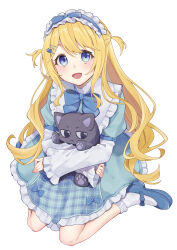 Rule 34 | 1girl, absurdres, blonde hair, blue bow, blue bowtie, blue dress, blue eyes, blue footwear, blush, bow, bowtie, cat hair ornament, commentary request, dress, full body, hair ornament, hairclip, highres, loafers, long hair, long sleeves, looking at viewer, maid headdress, hugging object, open mouth, original, sano (sanonomo), shoes, simple background, sitting, smile, socks, solo, stuffed animal, stuffed toy, two side up, upper body, wariza, wavy hair, white background, white socks
