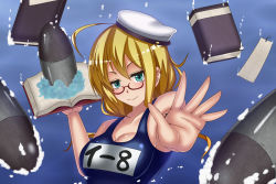 Rule 34 | 1girl, blonde hair, blue eyes, book, breasts, glasses, i-8 (kancolle), kantai collection, large breasts, long hair, looking at viewer, m (masa11051105), ocean, outdoors, school swimsuit, smile, solo, swimsuit, torpedo