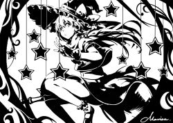 Rule 34 | 1girl, braid, broom, broom riding, character name, expressionless, fingerless gloves, gloves, greyscale, hat, kirisame marisa, long hair, looking at viewer, monochrome, norizc, skirt, solo, star (symbol), touhou, witch, witch hat