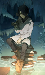 Rule 34 | 1boy, black eyes, black hair, black pants, book, boots, brown footwear, coat, eugeboy zzzzz, full body, gun, hair over one eye, highres, holding, holding gun, holding weapon, hood, hood down, hooded coat, indoors, looking at viewer, male focus, neck tattoo, number tattoo, pants, ray (yakusoku no neverland), sitting, solo, tattoo, weapon, white coat, yakusoku no neverland