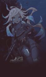 Rule 34 | 1girl, absurdres, acronym, assault rifle, black bodysuit, blonde hair, blue eyes, bodysuit, coral, dated, facial mark, feet out of frame, gradient hair, gun, handgun, highres, holding, holding weapon, holster, holstered, knee pads, long hair, looking at viewer, multicolored hair, open mouth, original, photo background, pistol, rifle, short eyebrows, shoulder pads, signature, solo, teeth, thigh strap, underwater, very long hair, weapon, weapon name, zhvo