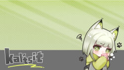 Rule 34 | 1girl, absurdres, animal ear fluff, animal ears, arknights, blush, character name, chibi, cup, green background, green eyes, grey background, grey hair, grey jacket, hairtail, highres, holding, holding cup, hood, hood down, hooded jacket, jacket, kal&#039;tsit (arknights), long sleeves, looking at viewer, mug, polka dot, polka dot background, puffy long sleeves, puffy sleeves, sleeves past wrists, solo, squiggle, tail, two-tone background, upper body