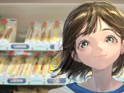 Rule 34 | 1girl, absurdres, blurry, blurry background, brown eyes, brown hair, close-up, closed mouth, convenience store, eyebrows hidden by hair, food, hidari (nanmu-left), highres, indoors, light blush, looking at viewer, mole, mole under eye, original, portrait, sandwich, shelf, shop, short hair, smile, solo, tareme, wall