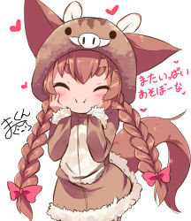 Rule 34 | 1girl, :i, animal costume, animal ears, animal hood, blush, bow, brown dress, brown hair, closed mouth, commentary request, dog ears, dog girl, dog tail, dress, facing viewer, fur-trimmed dress, fur-trimmed sleeves, fur trim, hair bow, hair ornament, hairclip, hands on own cheeks, hands on own face, heart, hood, hood up, hooded dress, long hair, low twintails, makuran, momiji (makuran), original, pig costume, pig ears, pig hood, pink bow, signature, simple background, solo, tail, thick eyebrows, translated, twintails, v-shaped eyebrows, very long hair, white background