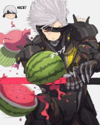Rule 34 | 2boys, black blindfold, blindfold, chibi, commentary, crab, cutting, cyborg, english commentary, food, fruit, highres, holding, holding sword, holding weapon, male focus, metal gear (series), metal gear rising: revengeance, multiple boys, nier (series), nier:automata, one eye covered, raiden (metal gear), red eyes, short hair, solo focus, suikawari, sword, watermelon, weapon, white hair, yoracrab, 9s (nier:automata)