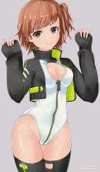 Rule 34 | 1girl, absurdres, alice gear aegis, black jacket, black legwear, booth babe, breasts, brown eyes, brown hair, cleavage, cleavage cutout, clothing cutout, commentary request, cowboy shot, heattech leotard, highres, jacket, kasugaoka moe, leotard, looking at viewer, medium breasts, open clothes, open jacket, rasen manga, short hair, side ponytail, sleeves past wrists, solo, turtleneck, white leotard