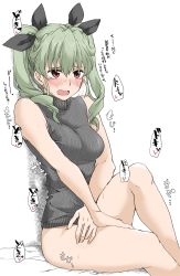 Rule 34 | 1girl, anchovy (girls und panzer), black ribbon, blush, bottomless, commentary, covering privates, drill hair, elf (stroll in the woods), flying sweatdrops, frown, girls und panzer, green hair, grey shirt, hair ribbon, highres, legs, long hair, looking to the side, open mouth, red eyes, ribbed shirt, ribbon, shirt, sleeveless, sleeveless shirt, solo, sweat, sweatdrop, translated, turtleneck, twin drills, twintails